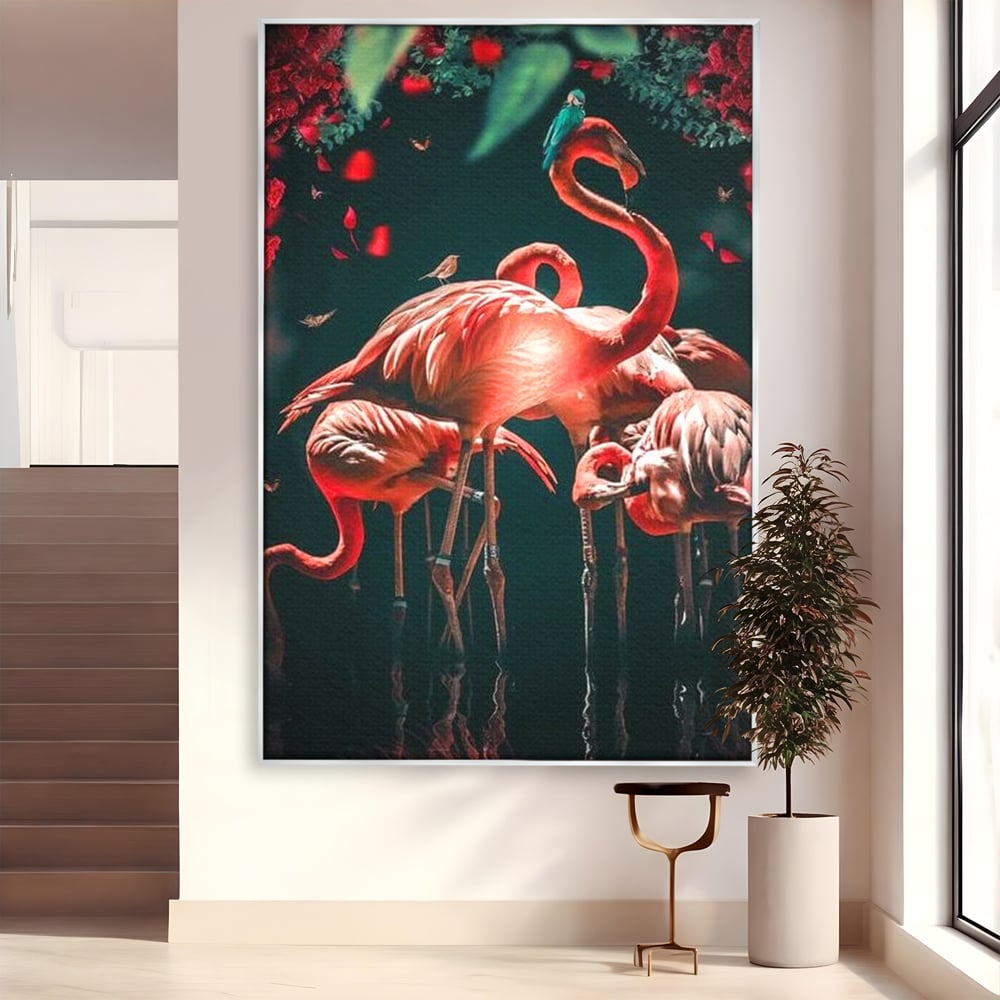 Tablou canvas cu tablou canvas cu flamingo roz, in rama de aluminiu argintiu